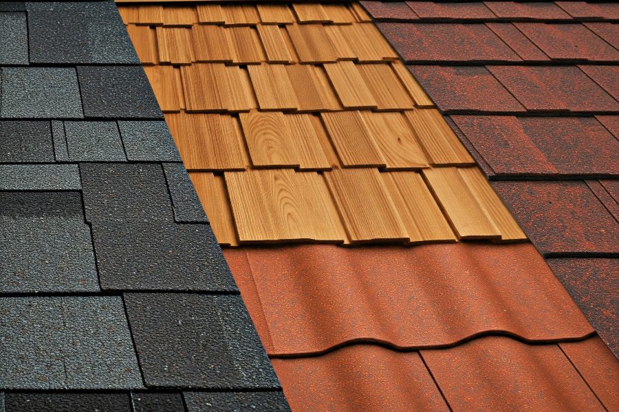 Metal roofing panel and asphalt shingles side by side for comparison