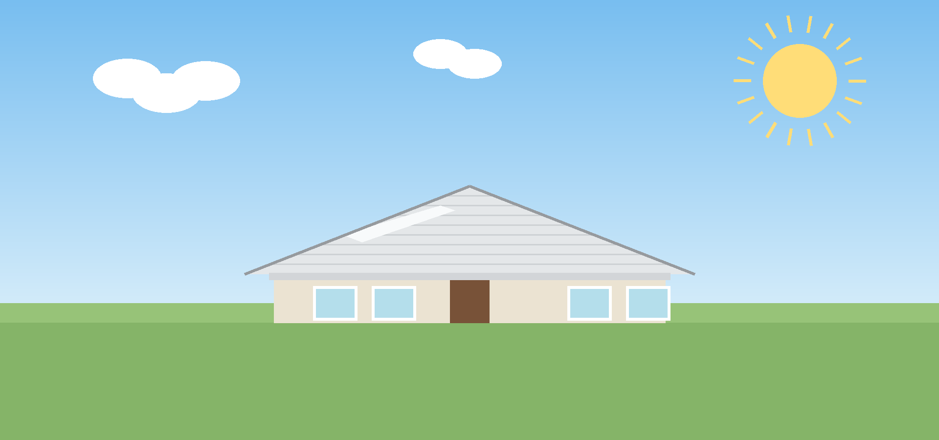 Light-colored reflective asphalt shingle roof on a single-story home under a clear sky