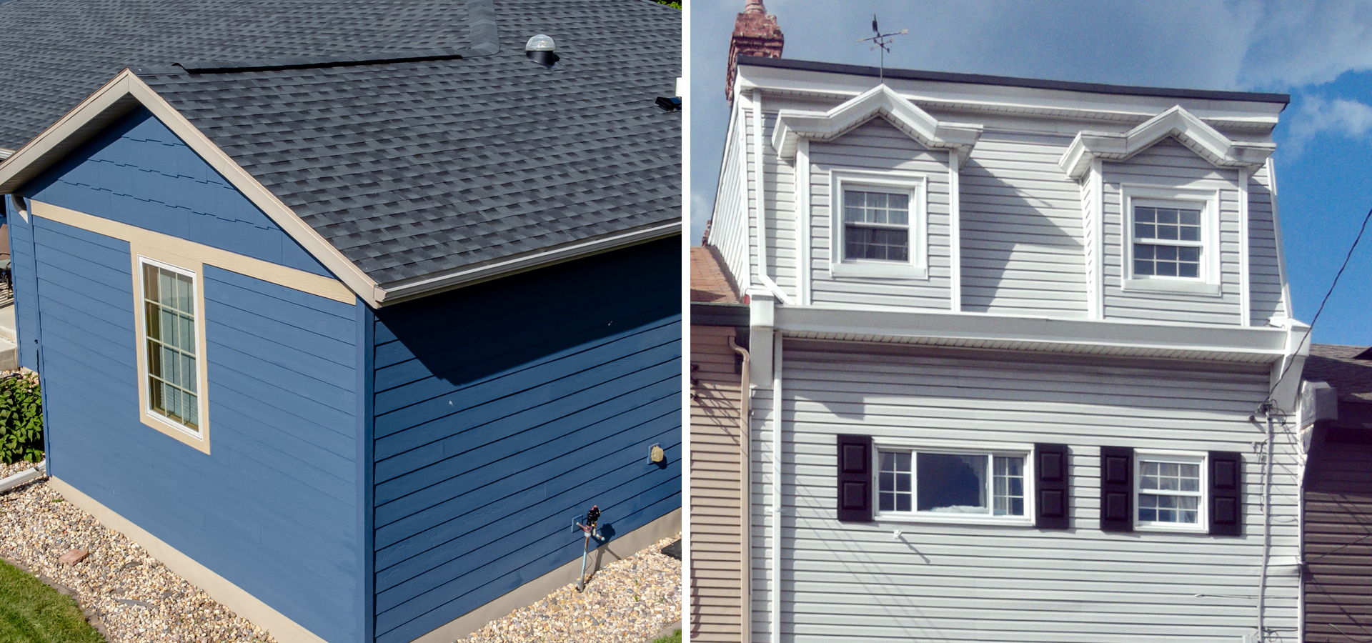 Side-by-side comparison of fiber cement siding and vinyl siding on a house exterior