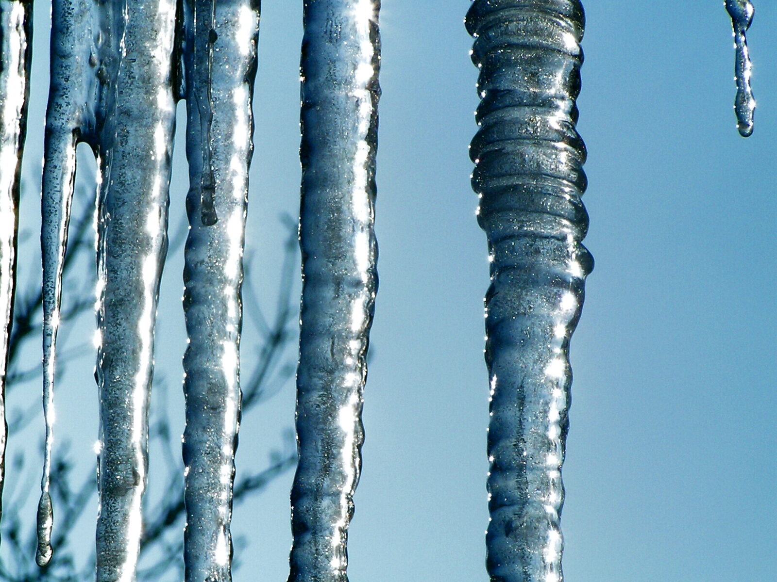 Large icicles hanging from a roofline, a sign of ice damming from freeze-thaw cycling