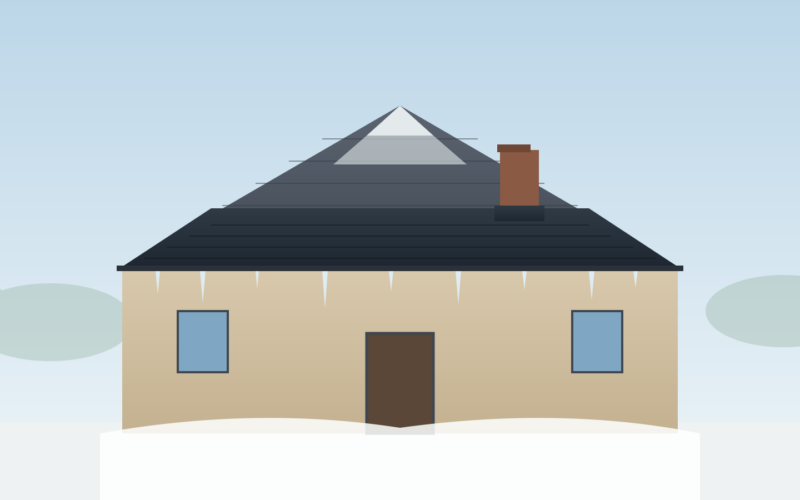 Roof exterior with ice and water shield membrane exposed along the eaves under snow and icicles, before the shingles overlap it